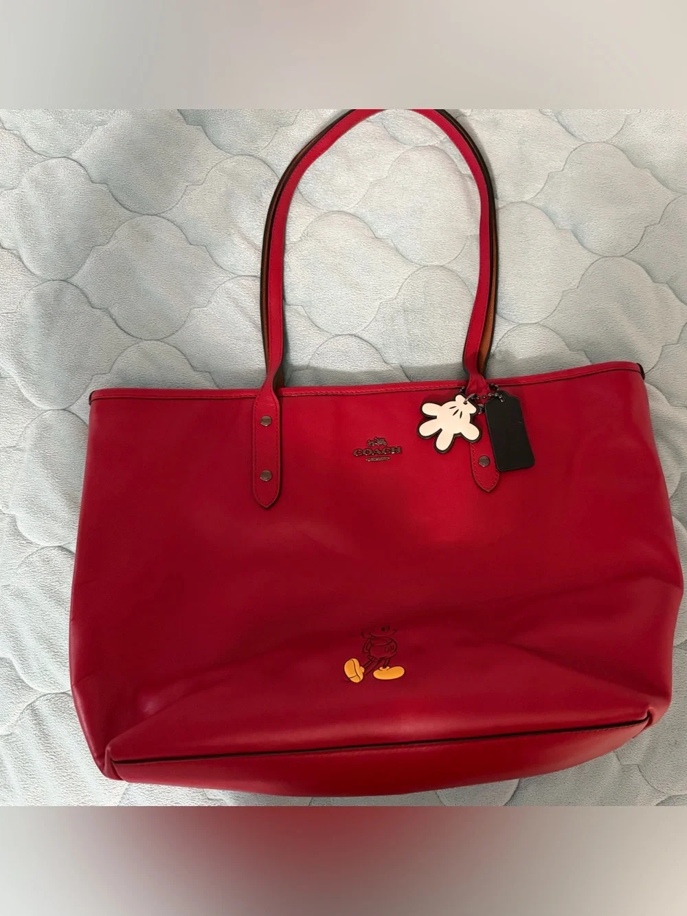 Coach Red Leather Tote with Mickey Charm